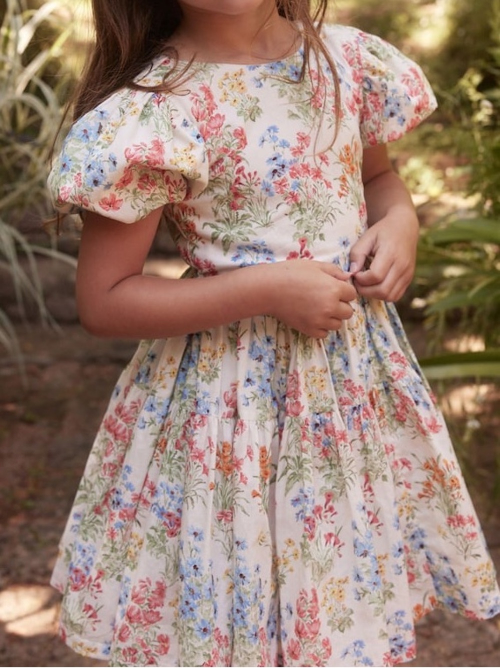 Floral Puff-Sleeve Girls' Dress - White with Multicolor Flowers